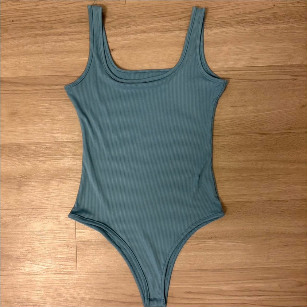 Ribbed One-Piece Bodysuit in Teal Blue